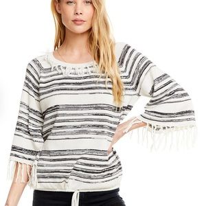 Chaser Linen Fringe Raglan Pullover Sweater Top